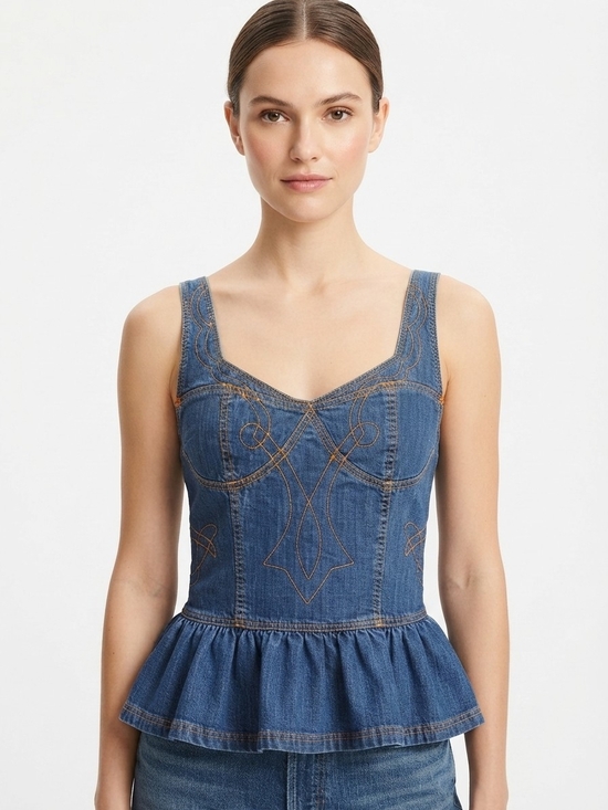 Pilcro Tops - Pilcro Anthropologie Denim Peplum Bustier Top Sz M Embroidered Western EUC